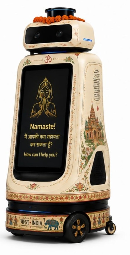 The Yantrax robot — a cream-colored autonomous museum guide decorated with traditional Indian folk art, with a stereo camera head, marigold garland, and a touchscreen greeting visitors with Namaste